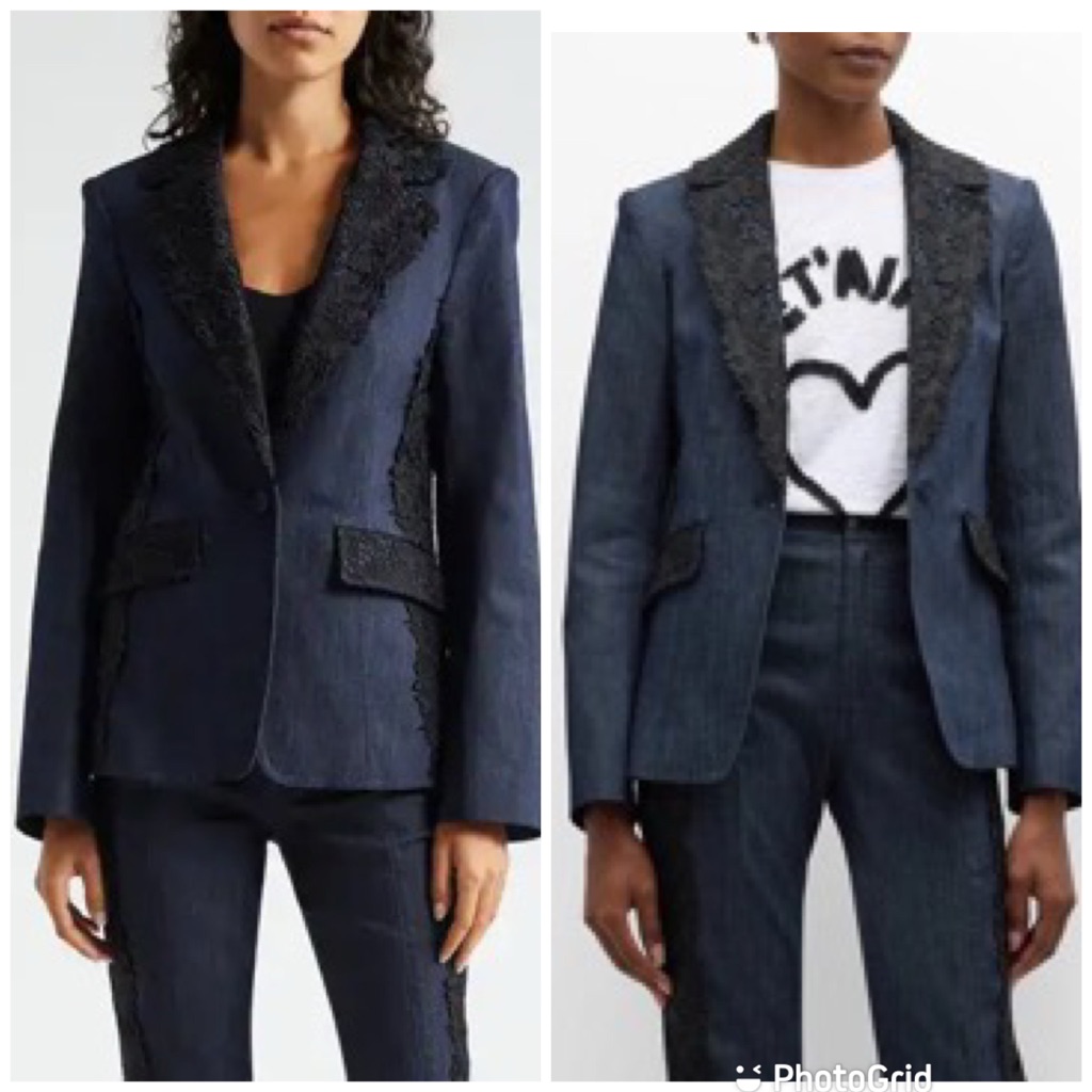 Cinq Sept Laney Lace Appliqu Denim Blazer Jacket Dark Rinse Cotton Blend
